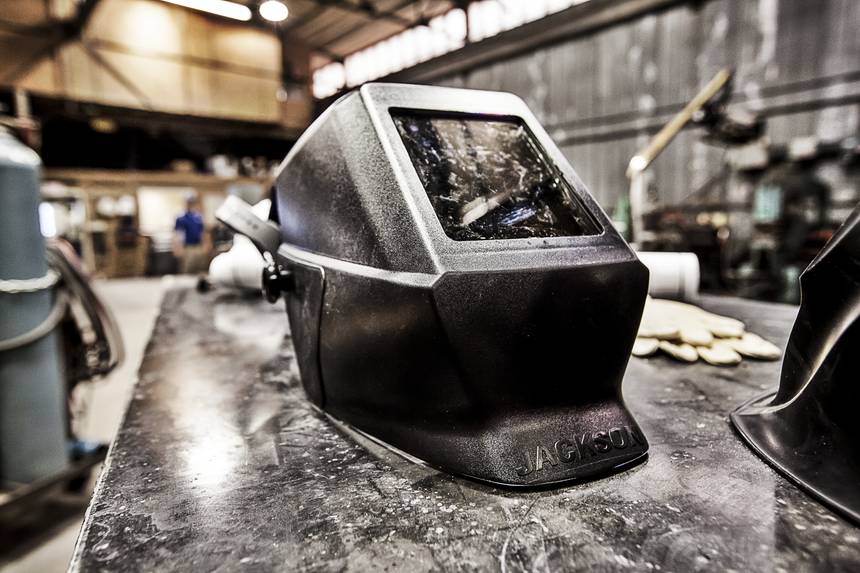 Welding helmet and shop work at Luft Machine